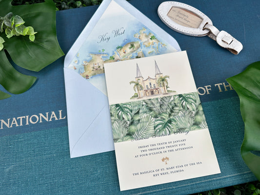 Key West Watercolor Wedding  Invitation (Basilica St. Mary Star of the Sea)