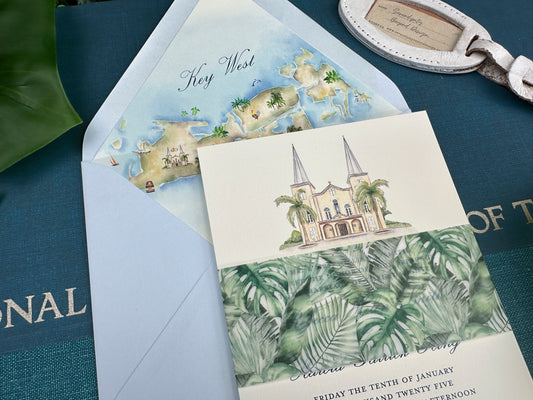 Key West Watercolor Wedding  Invitation (Basilica St. Mary Star of the Sea)