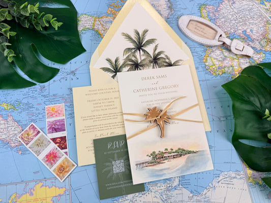 Little Palm Island Watercolor Wedding Invitation | Tropical Florida Wedding Suite