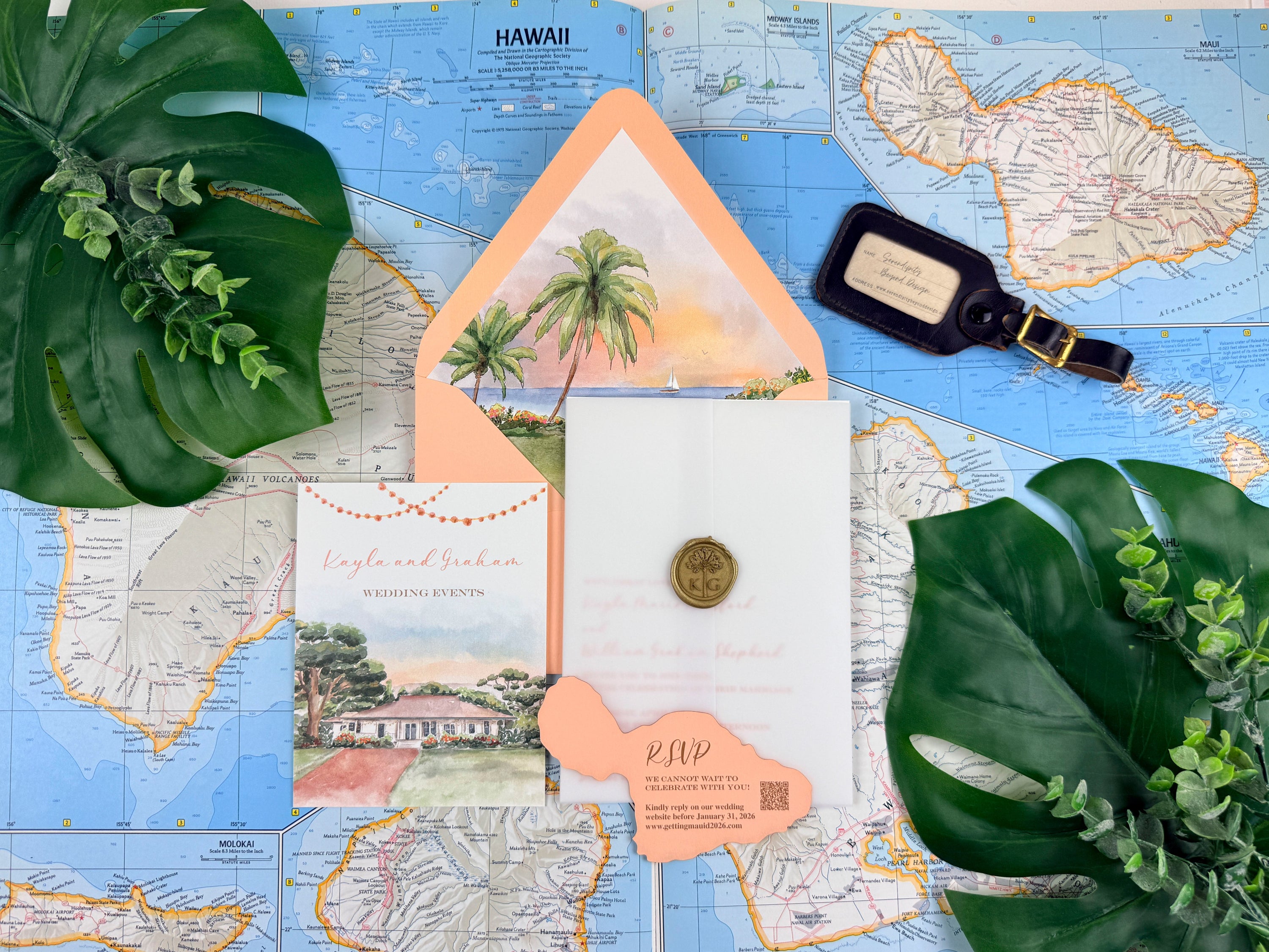 custom letterpress watercolor wedding invitation in maui, hawaii with embellishments