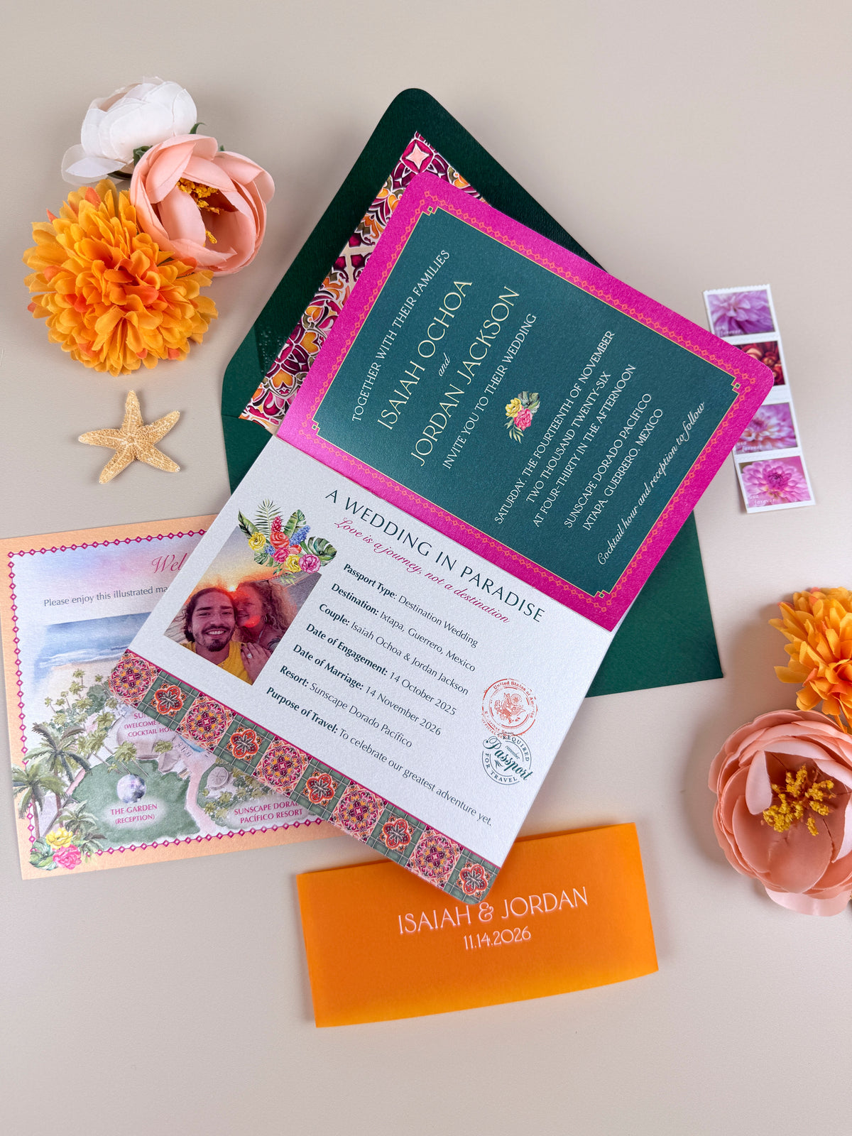 Mexico Passport Wedding Invitation | Bright Tropical Suite | Custom Watercolor Design