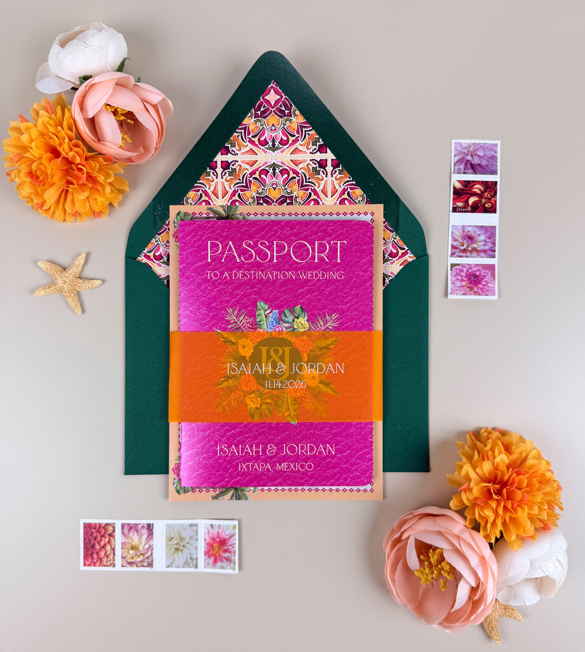 Mexico Passport Wedding Invitation | Bright Tropical Suite | Custom Watercolor Design