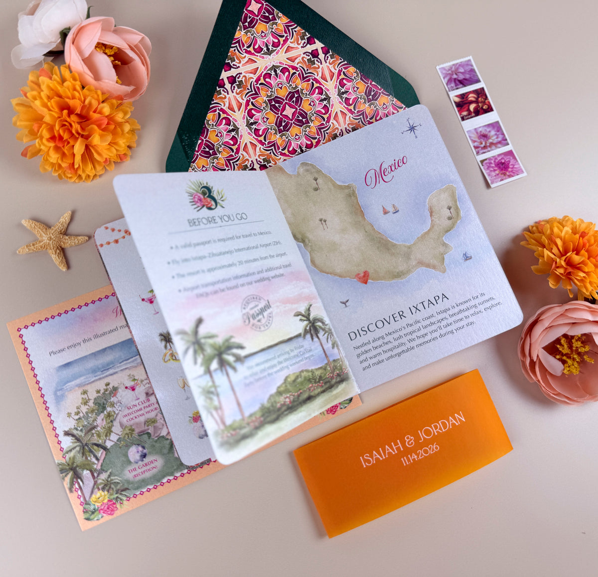 Mexico Passport Wedding Invitation | Bright Tropical Suite | Custom Watercolor Design
