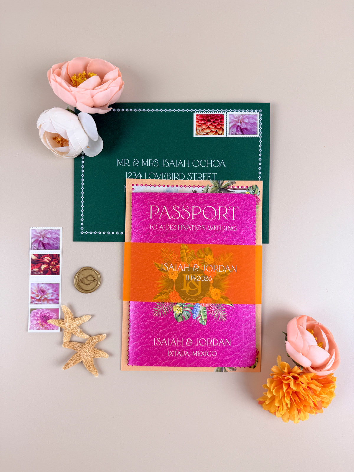Mexico Passport Wedding Invitation | Bright Tropical Suite | Custom Watercolor Design