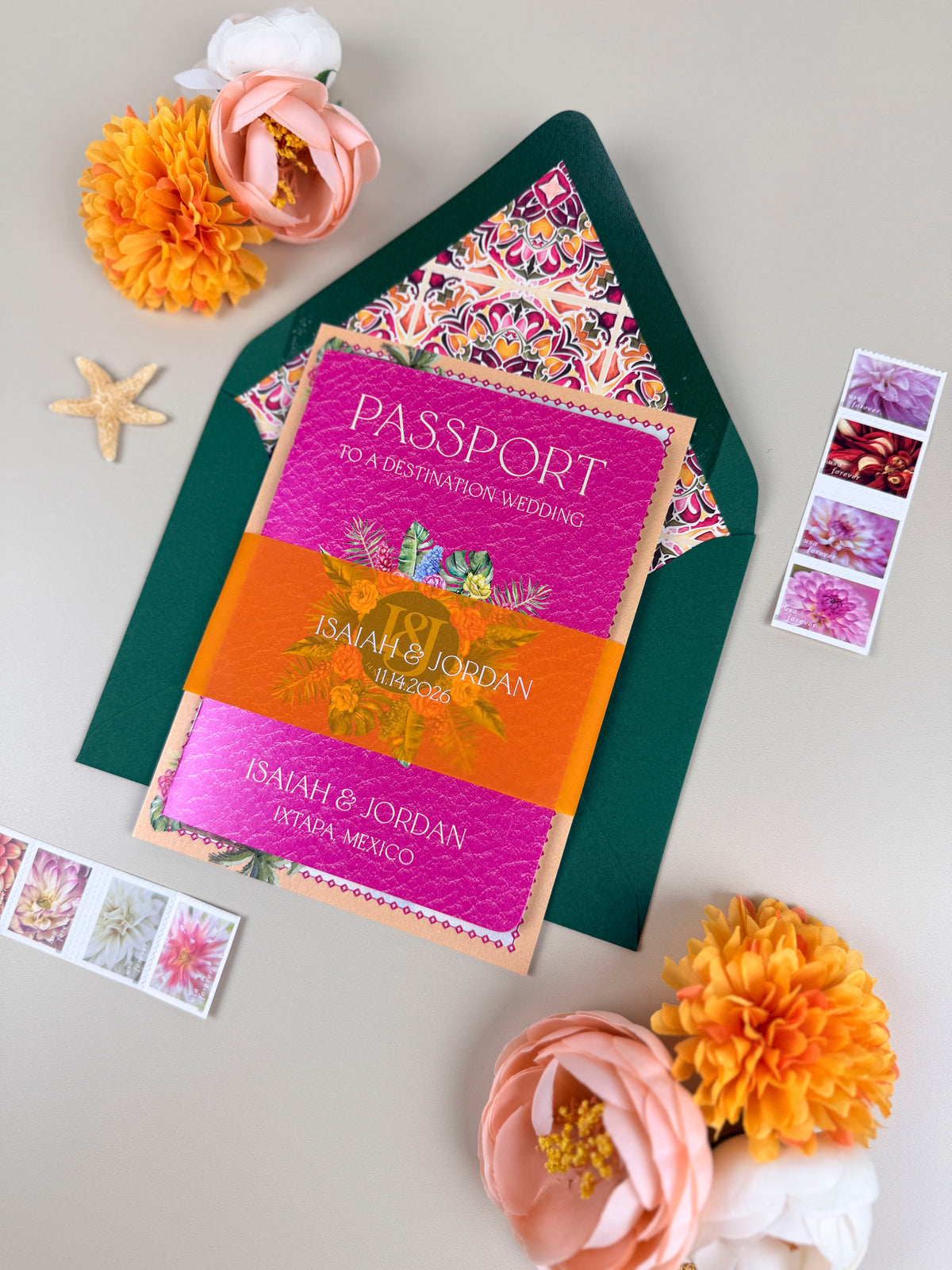 Mexico Passport Wedding Invitation | Bright Tropical Suite | Custom Watercolor Design