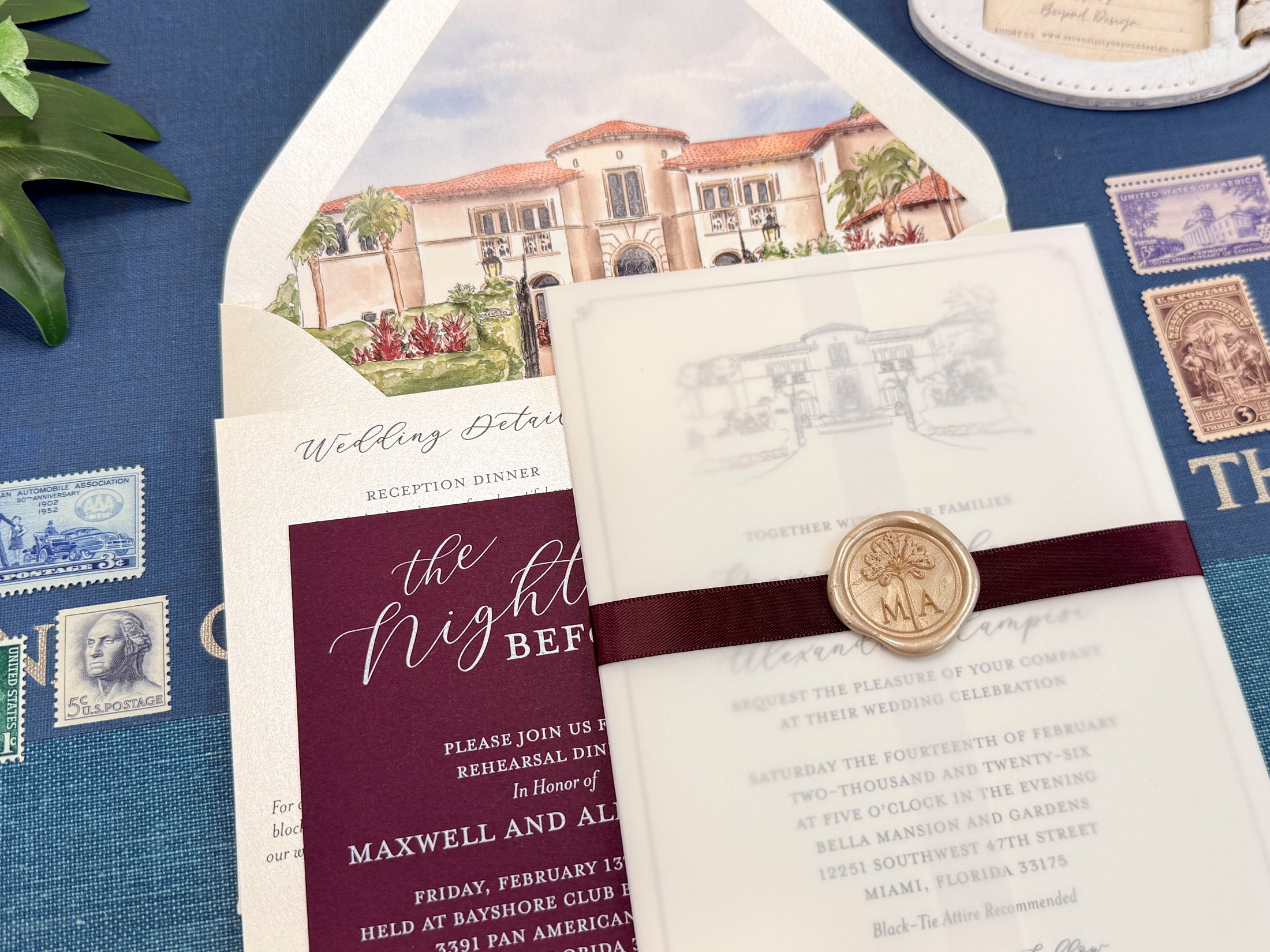 Elegant Tropical Custom Watercolor Invitation (Bella Mansion and Gardens, Florida)