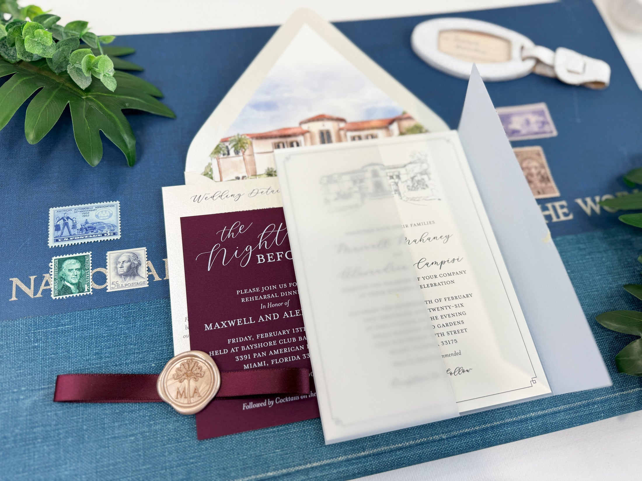 Elegant Tropical Custom Watercolor Invitation (Bella Mansion and Gardens, Florida)