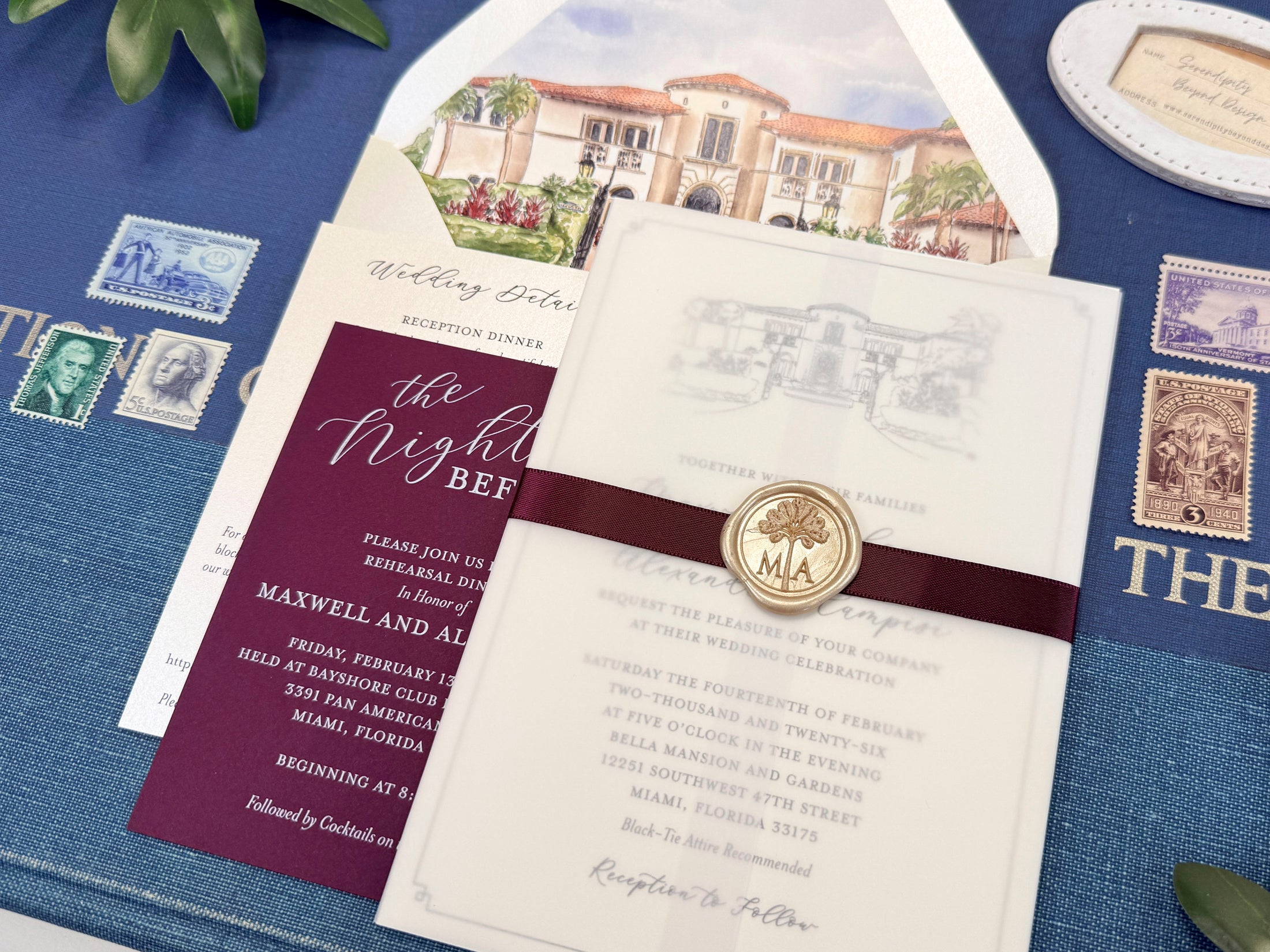Elegant Tropical Custom Watercolor Invitation (Bella Mansion and Gardens, Florida)