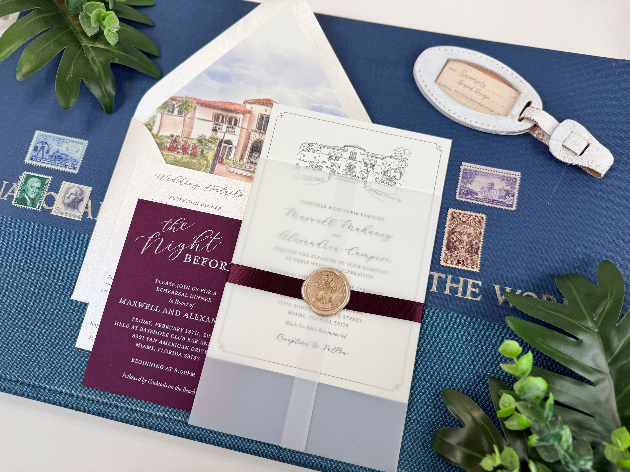 Elegant Tropical Custom Watercolor Invitation (Bella Mansion and Gardens, Florida)