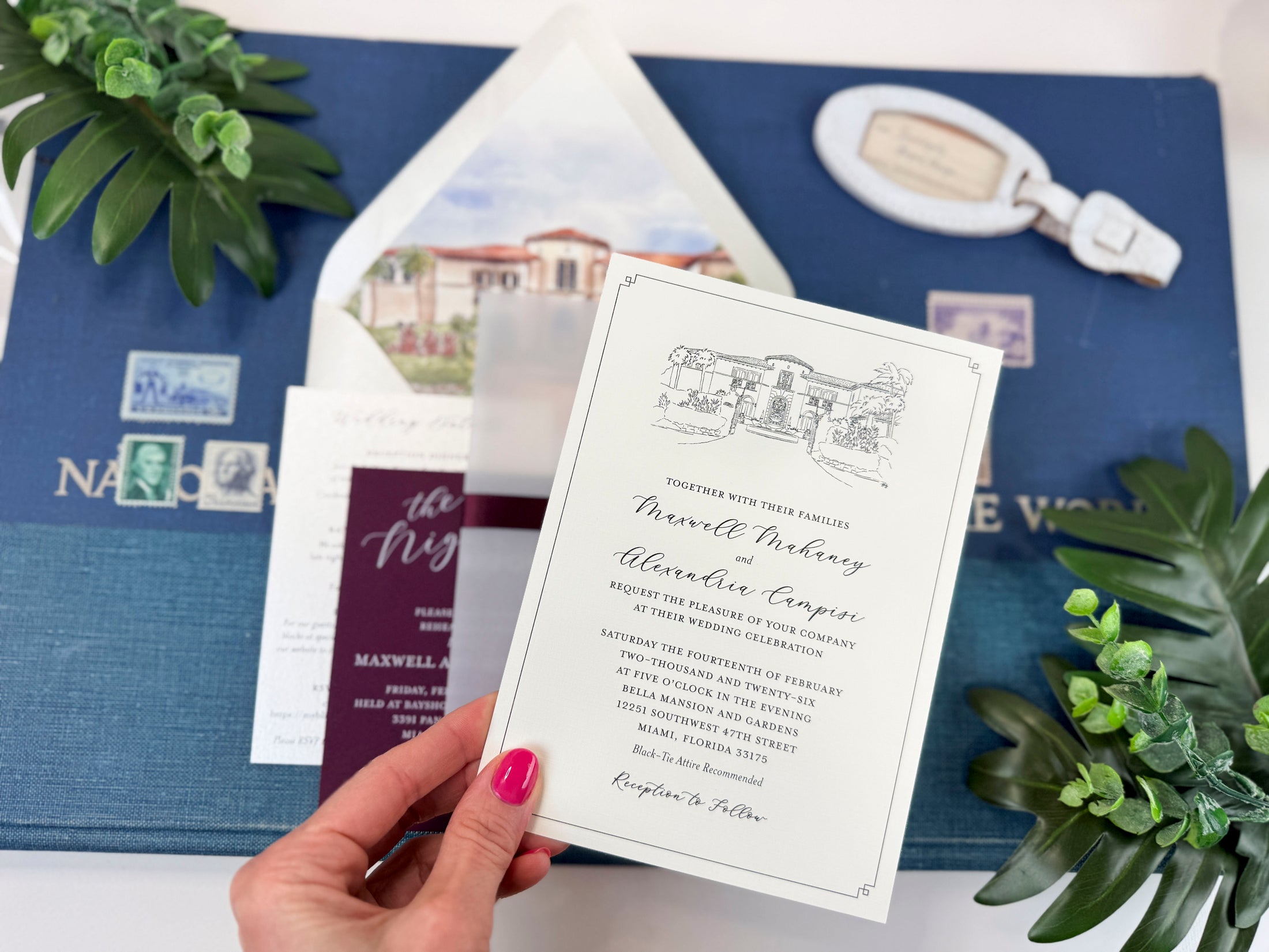 Elegant Tropical Custom Watercolor Invitation (Bella Mansion and Gardens, Florida)
