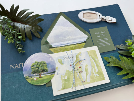Watercolor Lake Wedding Invitation (Suttons Bay, Michigan)