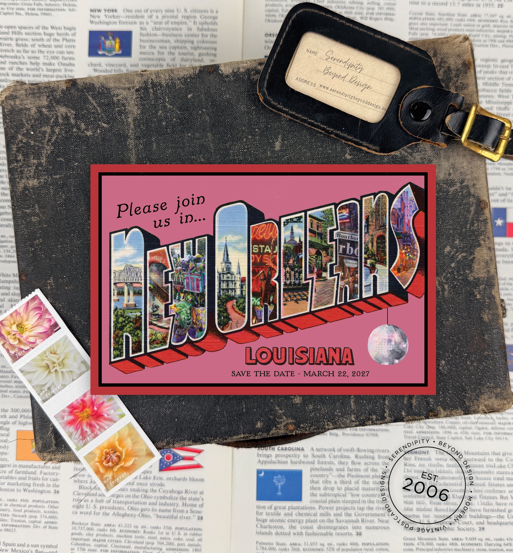 custom new orleans large letter save the date postcard
