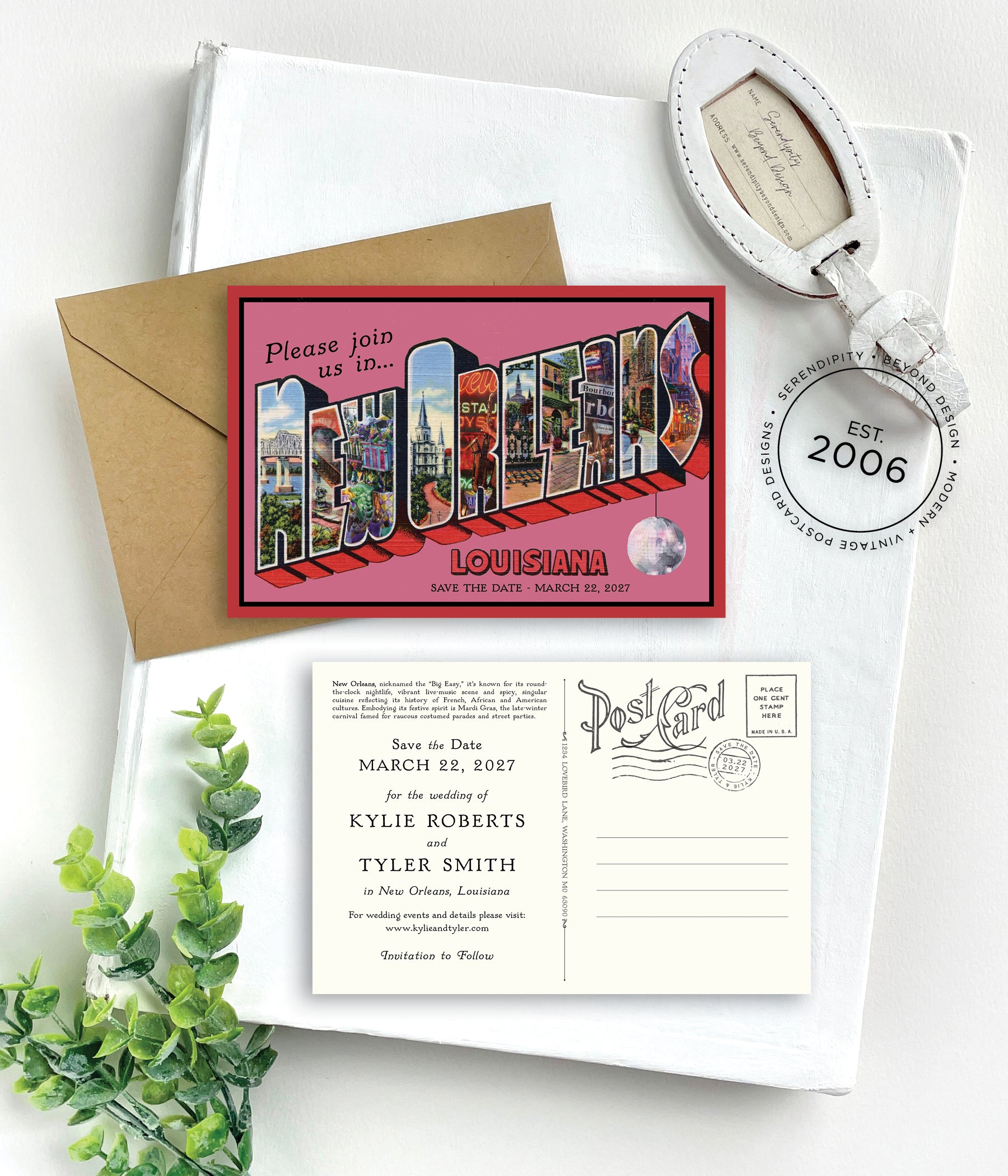 Save the Date - New Orleans, Louisiana in Pink - Vintage Large Letter Postcard