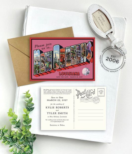 Save the Date - New Orleans, Louisiana in Pink - Vintage Large Letter Postcard