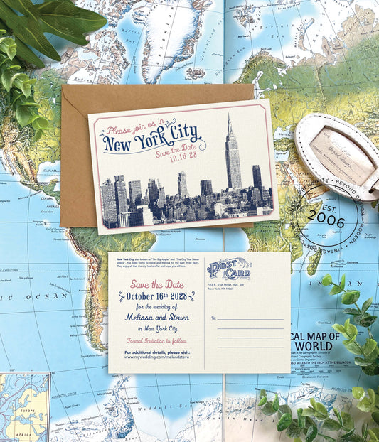 Save the Date - New York  - Vintage Bridge Skyline Postcard