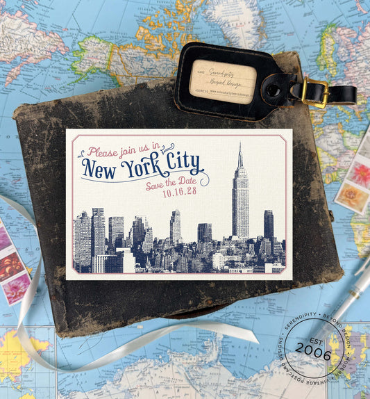 Save the Date - New York  - Vintage Bridge Skyline Postcard