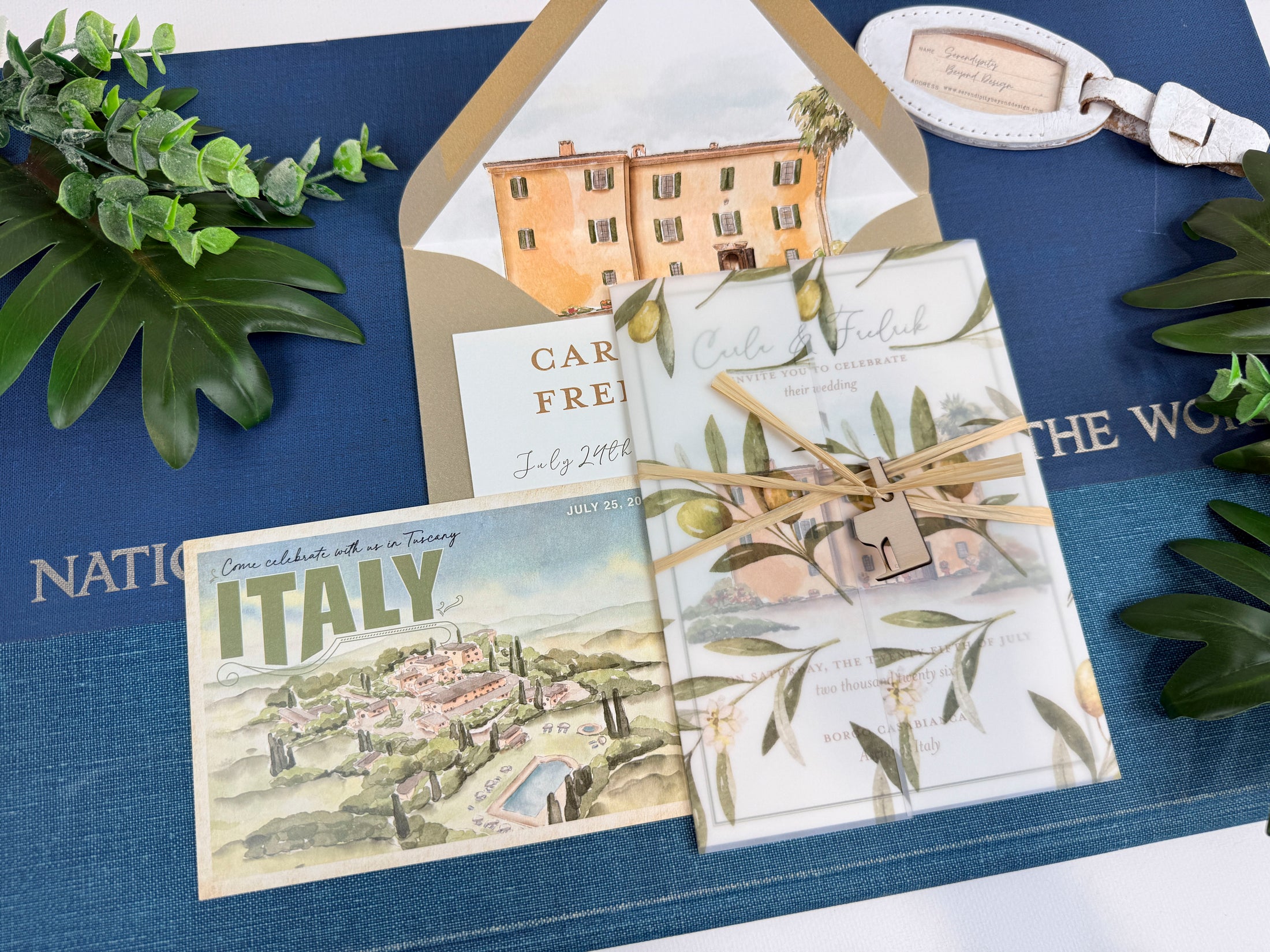 Custom Tuscany Villa Wedding Invitation | Italy Watercolor and Vellum