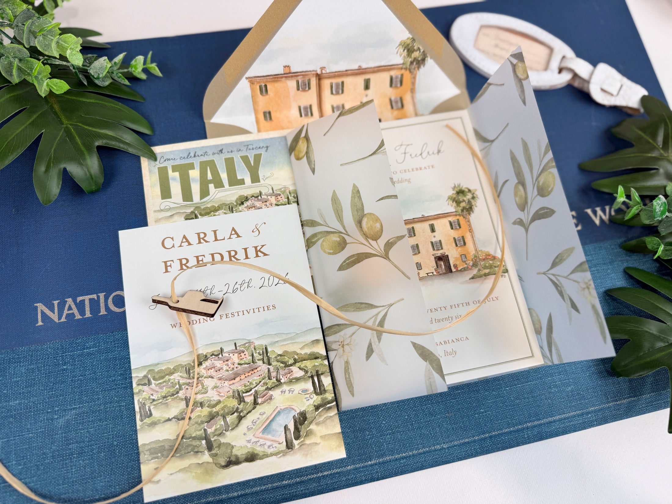 Custom Tuscany Villa Wedding Invitation | Italy Watercolor and Vellum