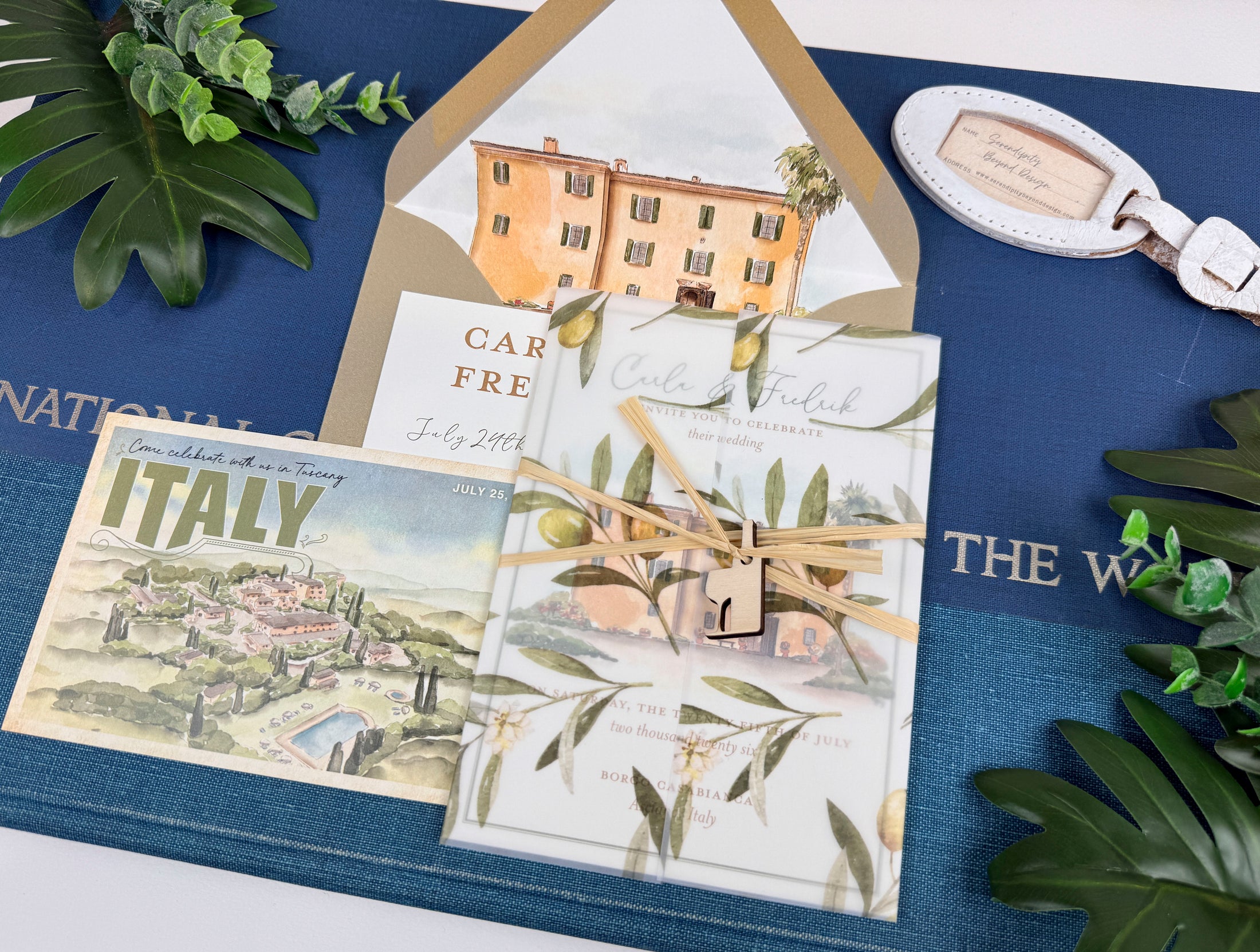 Custom Tuscany Villa Wedding Invitation | Italy Watercolor and Vellum