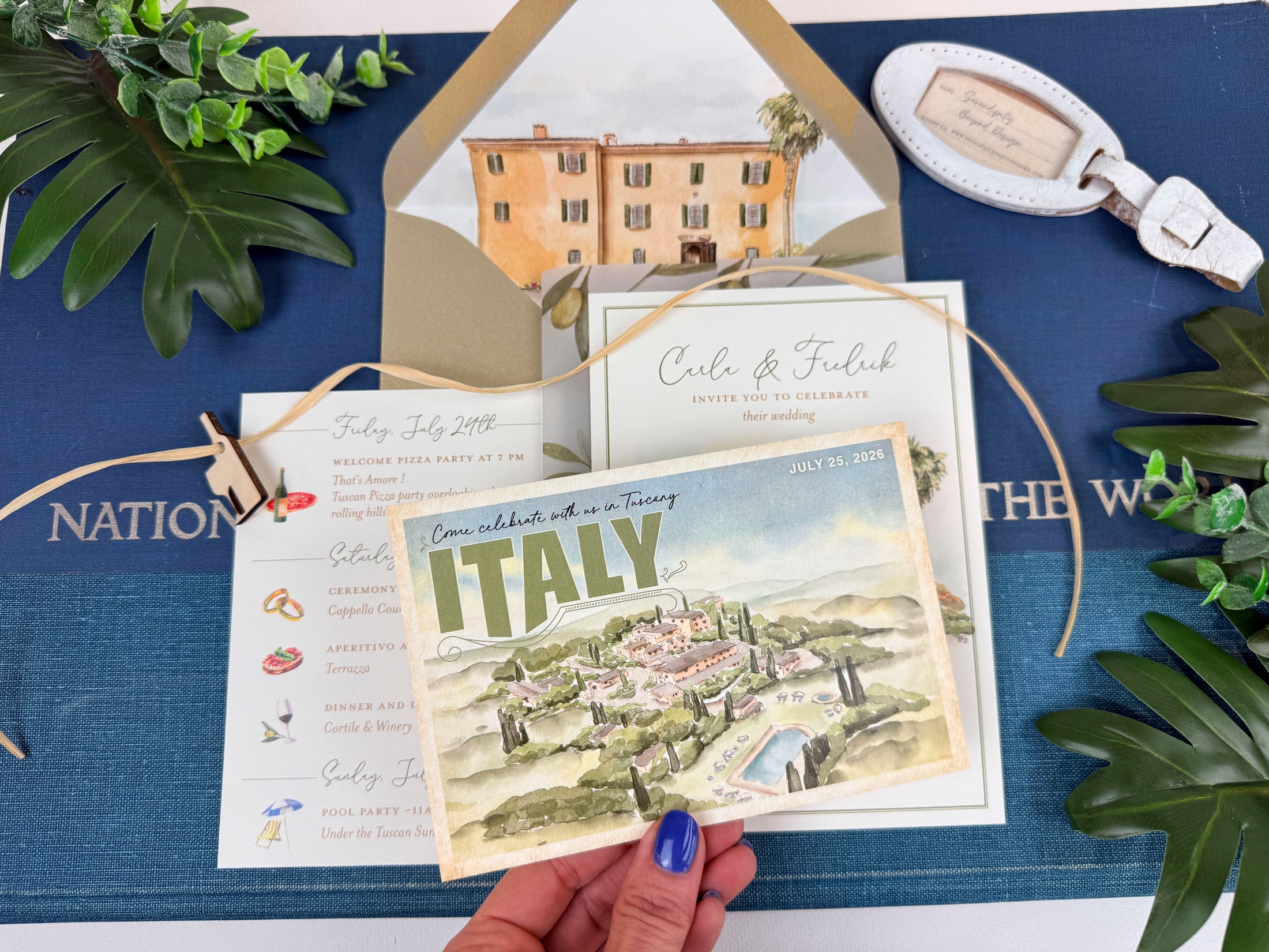 Custom Tuscany Villa Wedding Invitation | Italy Watercolor and Vellum