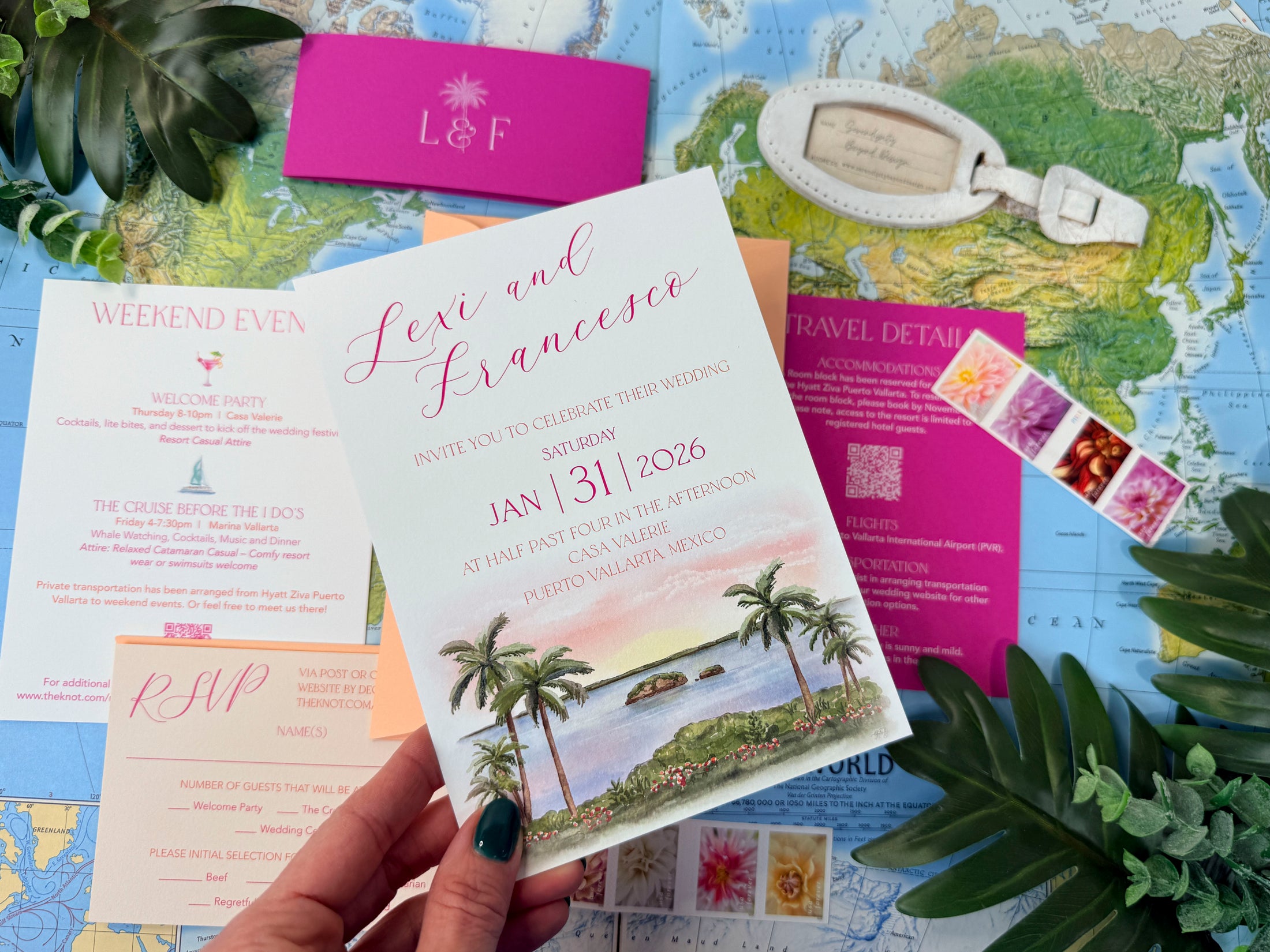 Mexico Tropical Custom Watercolor Wedding Invitation - (Puerto Vallarta)