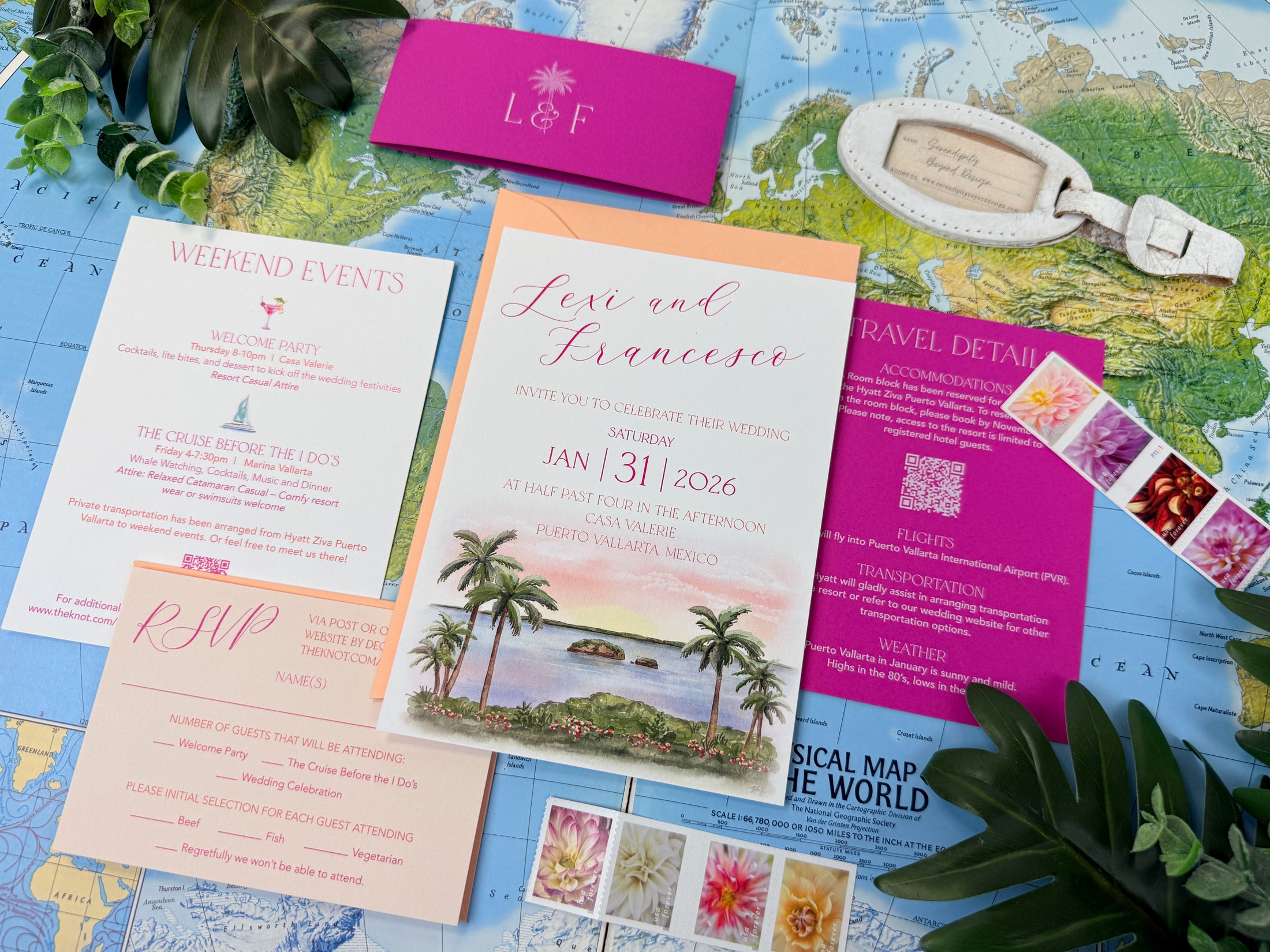 Mexico Tropical Custom Watercolor Wedding Invitation - (Puerto Vallarta)