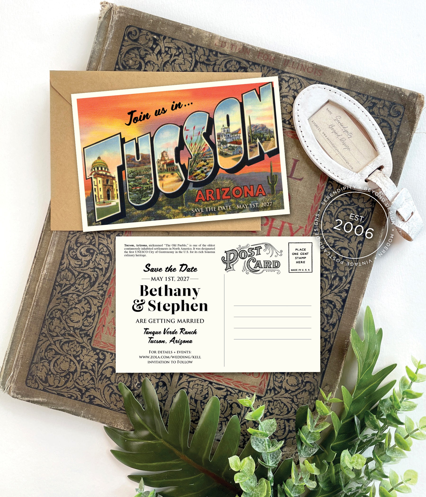 Save the Date - Tucson, Arizona (Desert Sunset) - Vintage Large Letter Postcard