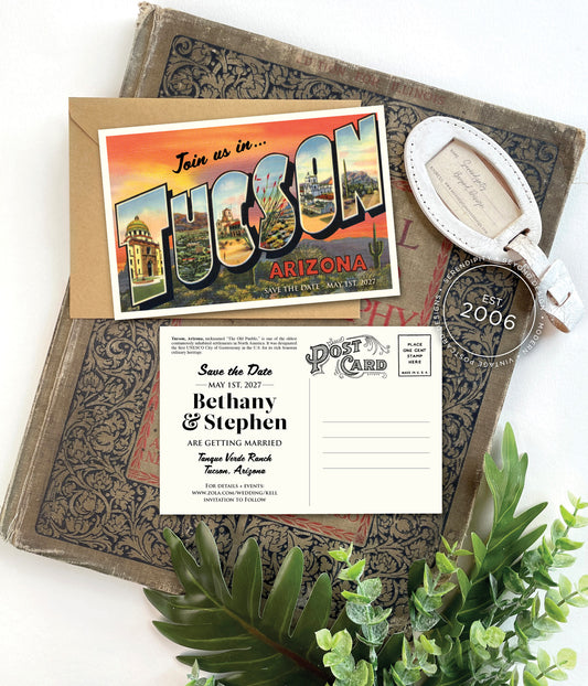 Save the Date - Tucson, Arizona (Desert Sunset) - Vintage Large Letter Postcard