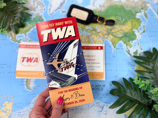 Custom Retro Travel Brochure Wedding Invitation (Vintage TWA Airline)