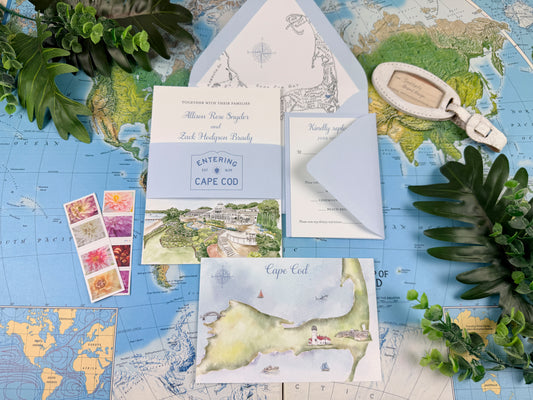 Cape Cod Watercolor Wedding Invitation (Wequassett Resort and Golf Club)