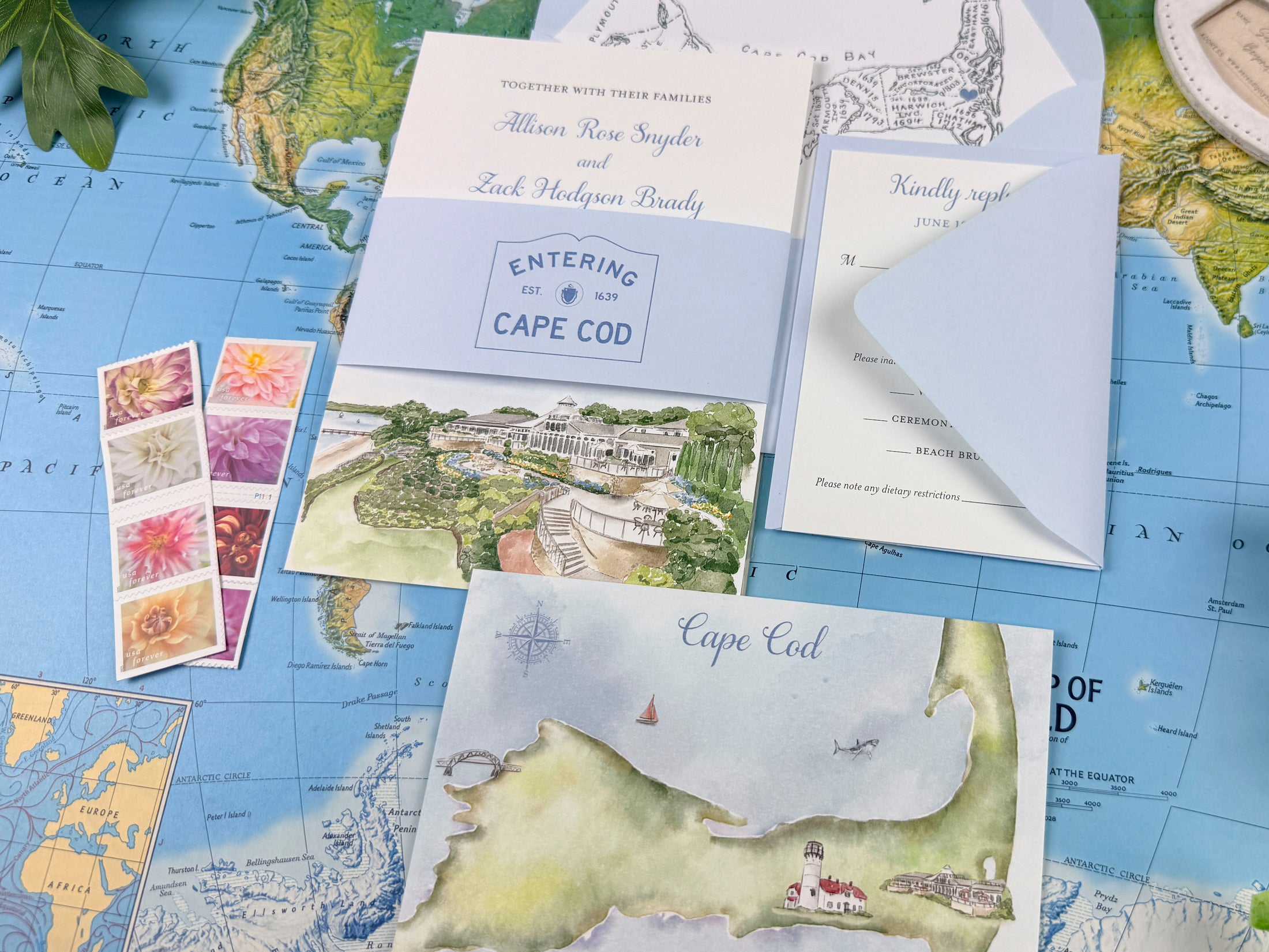 Cape Cod Watercolor Wedding Invitation (Wequassett Resort and Golf Club)